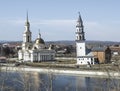 Spaso-Preobrazhensky Cathedral in the city and Nevyansk leaning tower. Royalty Free Stock Photo