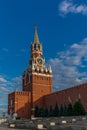 Spasskaya clock tower on the Kremlin walls with the moon in the Royalty Free Stock Photo