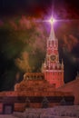 Spasskaya clock tower and Mausoleum of Kremlin in Red square Moscow, Russia. Royalty Free Stock Photo