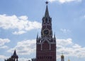 Spasskaya Clock Tower Of Moscow Kremlin And White Cloud In Blue Sky In Sunny Day