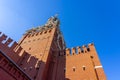 Spasskaya Tower Chiming Clock in Moscow Kremlin, Details of famous architecture building, closeup view, sunny day. Royalty Free Stock Photo