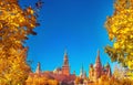 Spasskaya Tower Kremlin and Saint Basil Cathedral Red Square in Moscow, Russia autumn. Travel concept Royalty Free Stock Photo