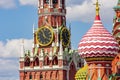 Spasskaya tower of Moscow Kremlin and a tower of Cathedral of Vasily the Blessed Saint Basil`s Cathedral, Russia Royalty Free Stock Photo
