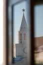 Spasskaya tower. view from afar and view through the window