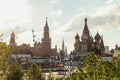 Spasskaya towers in Moscow Kremlin and Cathedral of Saint Basil the Blessedon Red Square Royalty Free Stock Photo