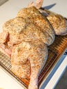 spatchcocked turkey prepared for smoking for thanksgiving dinner Royalty Free Stock Photo