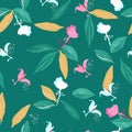 Spathiphyllum blooming wildflower. Medinilla showy pink tropical florets with big leaves seamless pattern.