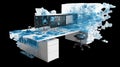Spatial computing workstation dissolving into pixels on transparent background Royalty Free Stock Photo