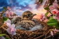 spatially arresting image of newborn bird in its nest, with blooming flowers and vibrant sky