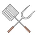 Spatula and barbeque fork icon, cartoon style