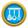Spatula, ladle and whisk, kitchen tools icon blue vector isolated