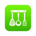 Spatula, ladle and whisk, kitchen tools icon digital green