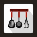 Spatula, ladle and whisk, kitchen tools icon