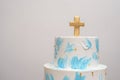 Spatula painted cake. White and blue cake