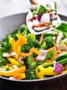 Spatula stirring vegetables in a stir fry wok.