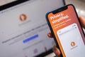 DuckDuckGo browser app. Logo close-up. Smartphone in hand with secure and privacy VPN application