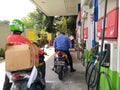 SPBU Pertamina, Jakarta, Indonesia - (14-08-2020) : Queue for motorbikes at fuel filling stations Royalty Free Stock Photo