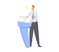 Speacker in front of microphone. Man giving speech behind the rostrum. Colorful flat vector illustration. Isolated on