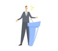 Speacker in front of microphone. Man giving speech behind the rostrum. Colorful flat vector illustration. Isolated on