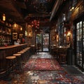 Speakeasy bar with hidden entrances and prohibition-era cocktails3D render