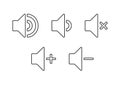 Speaker audio vector icon set. Volume voice control on off mute symbol. Flat application interface sound sign button. Royalty Free Stock Photo