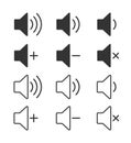 Speaker audio vector icon set. Volume voice control on off mute symbol. Flat application interface sound sign button. Royalty Free Stock Photo