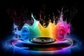 Speaker with colorful smoke and paint coming of it in a paint splash. Generative AI Royalty Free Stock Photo