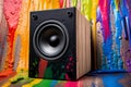 Speaker with colorful smoke and paint coming of it in a paint splash. Generative AI Royalty Free Stock Photo