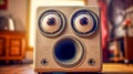 speaker designed to look like a face, with the tweeters as eyes and the woofer as a mouth, set against a blurred indoor