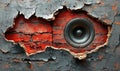Speaker emerging from cracked wall with red brick background and peeling paint Royalty Free Stock Photo