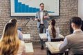 Speaker giving public presentation using projector in conference room