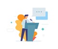 Speaker makes a speech, stands behind the podium. icon, illustration. Smartphones tablets user interface social media