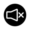 Speaker off, round icon. Mute. Forbidden sound. Glyph icon of a speaker for your web site design, logo, app, UI, webinar, video