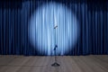 Speaker performance concept with round spotlight on blue curtain and microphone on wooden floor of empty stage