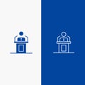 Speaker, Person, Presentation, Professional, Public, Seminar, Speech Line and Glyph Solid icon Blue banner Line and Glyph Solid