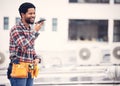 Speaker phone call, contractor and happy black man talking, chat or networking on cell conversation. Voice mail note Royalty Free Stock Photo