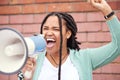 Speaker, protest or angry black woman with speech announcement for politics, equality or human rights. Young feminist Royalty Free Stock Photo