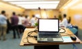 Speaker's table with laptop