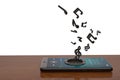 Speaker on smartphone and music notes audio concept.3D illustration.