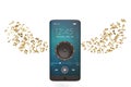 Speaker on smartphone and music notes audio concept.3D illustration.