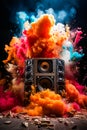 Speaker surrounded by colored powders and colored powders. Generative AI