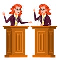 Speaker Woman Vector. Podium With Microphone. Giving Public Speech. Debates. Presentation. Isolated Flat Cartoon