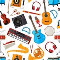 Speakers, amplifier, synthesizer and other music instruments and accessories. Vector seamless pattern