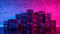 Speakers on the background of an old brick wall in the enon light Royalty Free Stock Photo
