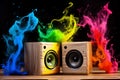 Speakers with colorful smoke and paint coming of it in a paint splash. Generative AI Royalty Free Stock Photo