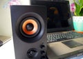 Speakers for a personal computer. Installed audio system on the desktop Royalty Free Stock Photo