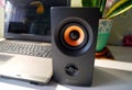 Speakers for a personal computer. Installed audio system on the desktop Royalty Free Stock Photo