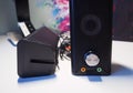 Speakers for a personal computer. Installed audio system on the desktop Royalty Free Stock Photo