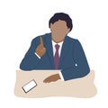 Speaking businessman in a suit sitting at desk. Conference design element. Business man silhouette, flat vector