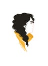 Girl profile portrait. Black curly hair, yellow scarf